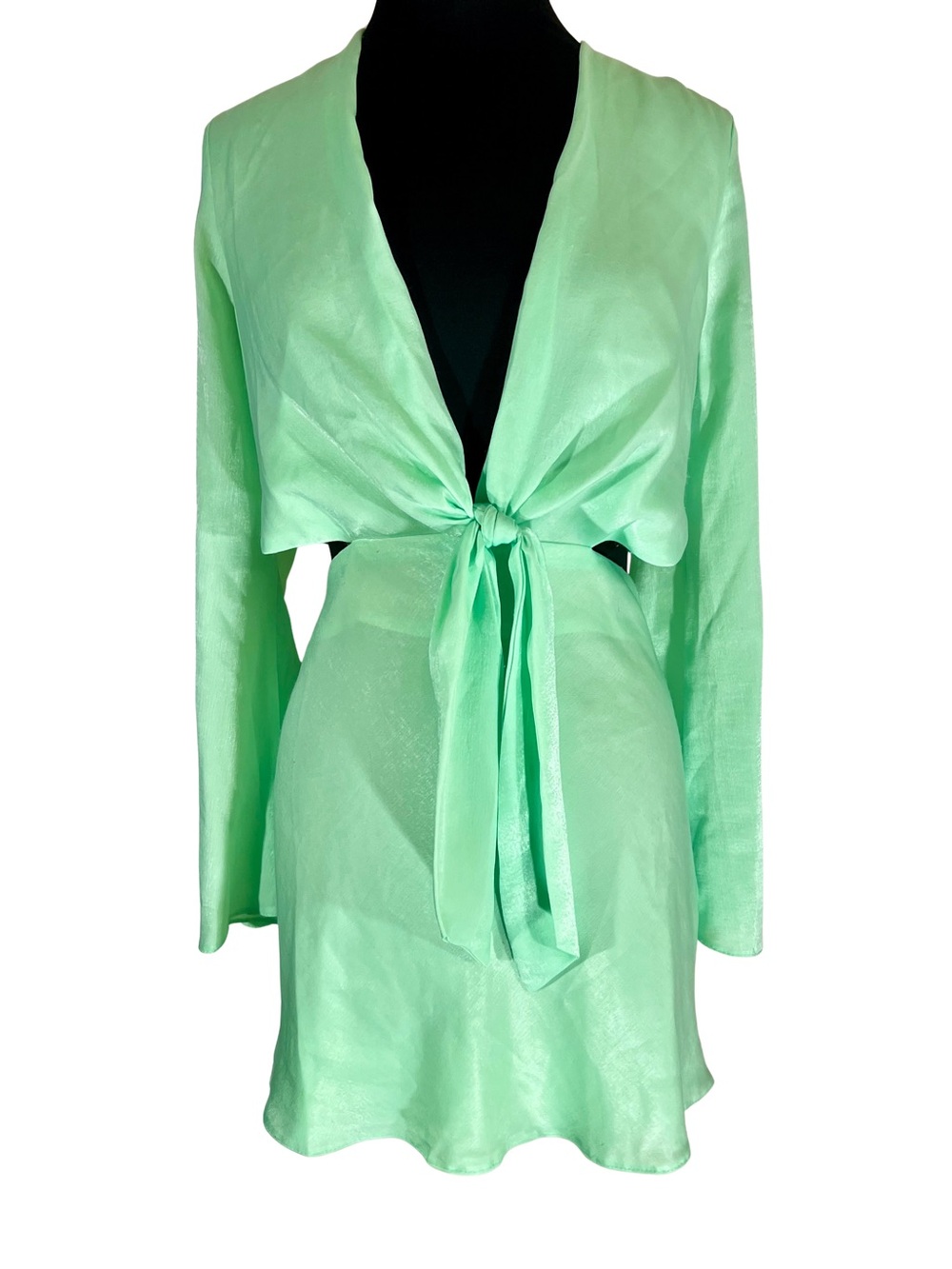 ASOS Neon Lime Tie-Front Mini Cut Out Side Back Bell Sleeve Dress